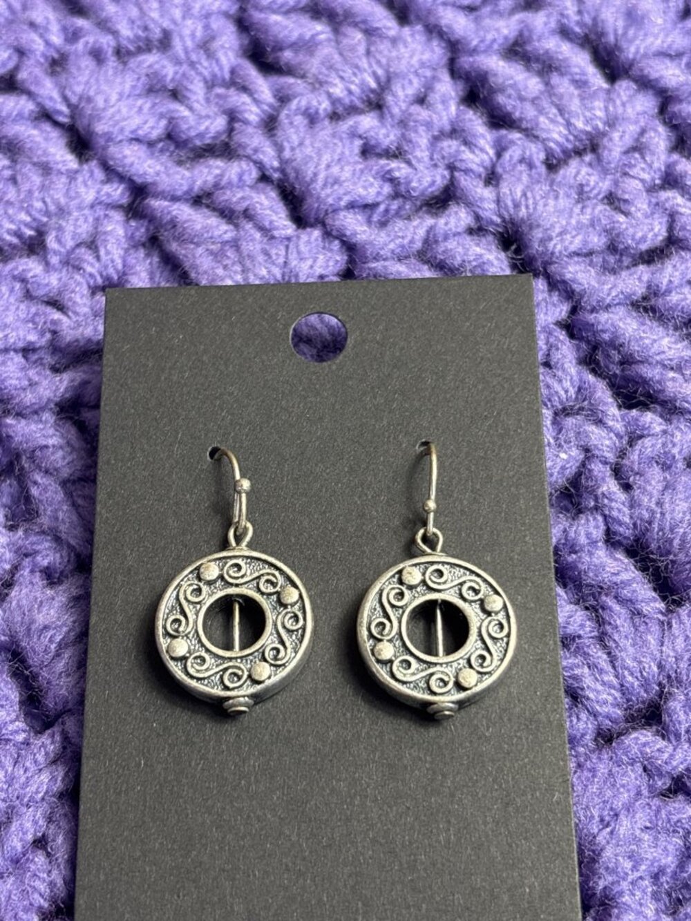 Silvertone Swirls Circle Dangle Earrings 5/8 inch